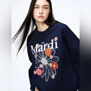 Mardi Mercredi Navy Flowermardi Crewneck Sweatshirt Size Medium K-fashion Scandi